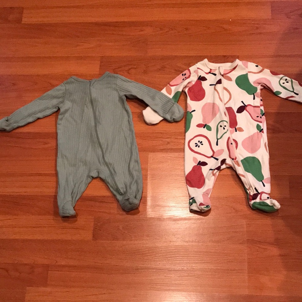 2  One-Piece Footed Pajamas- Green Ribbed and Multi Pear Print